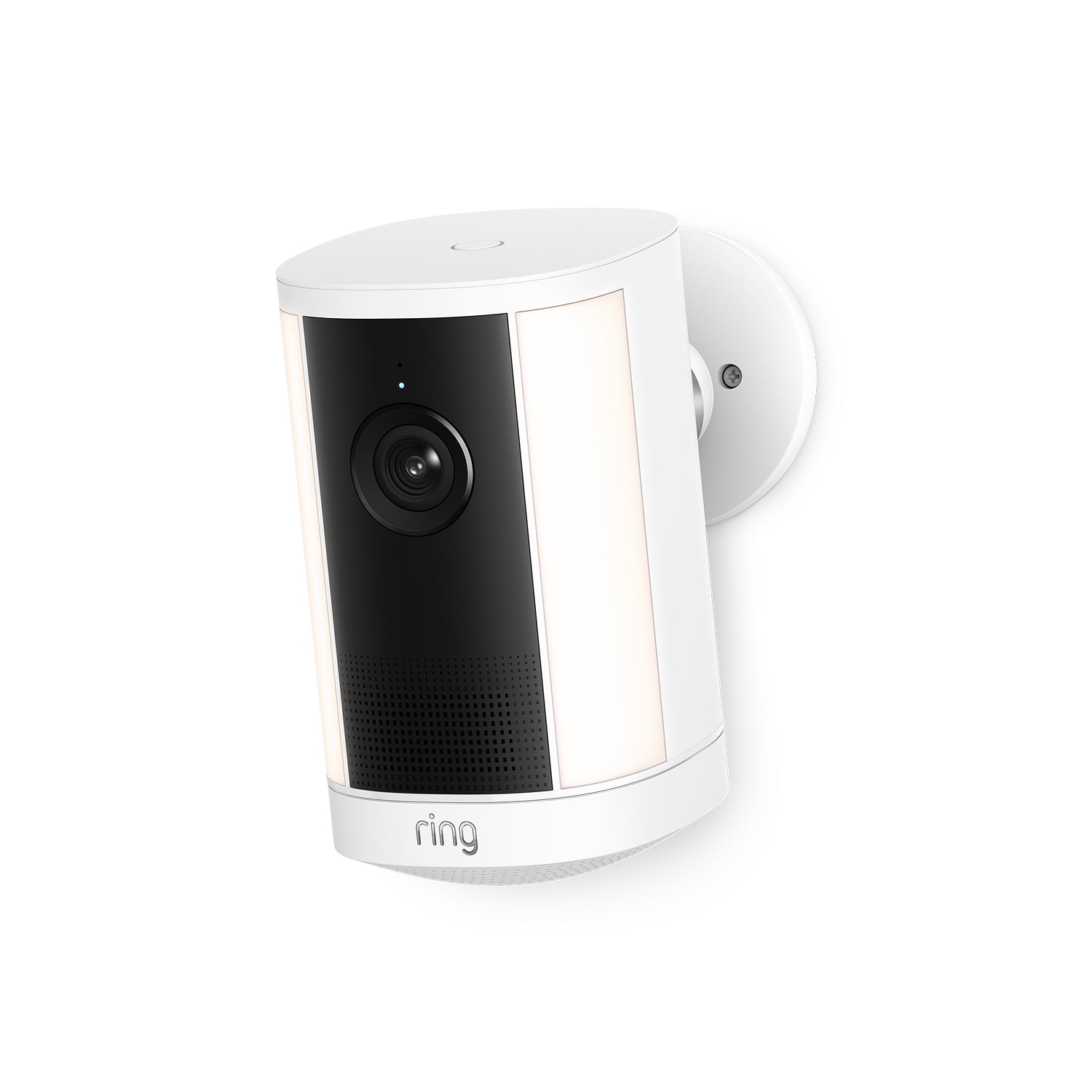 Ring Spotlight Camera Plus blanca con soporte ajustable sobre fondo limpio