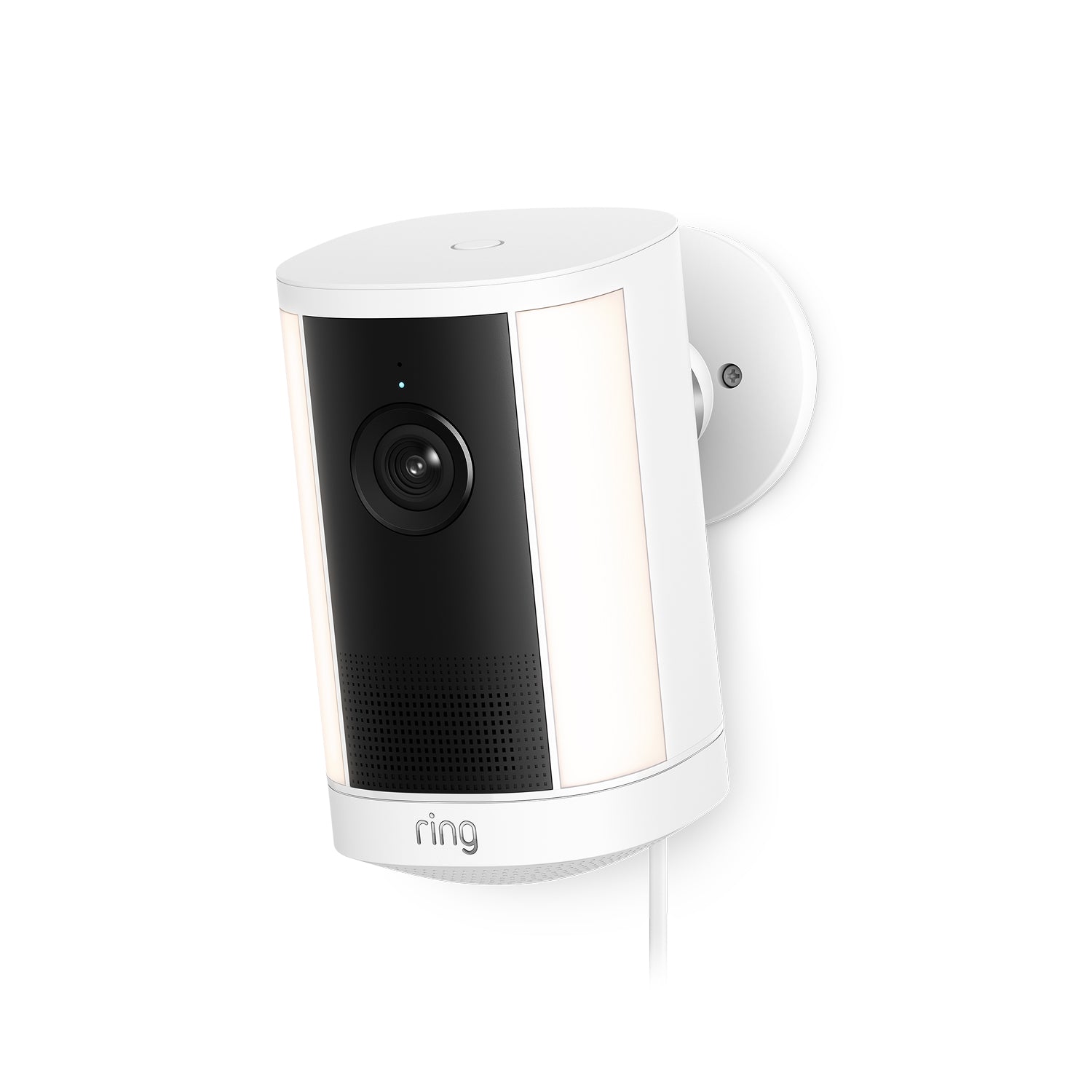 Ring Spotlight Camera Plus Plug-in blanca con soporte ajustable, sobre fondo limpio