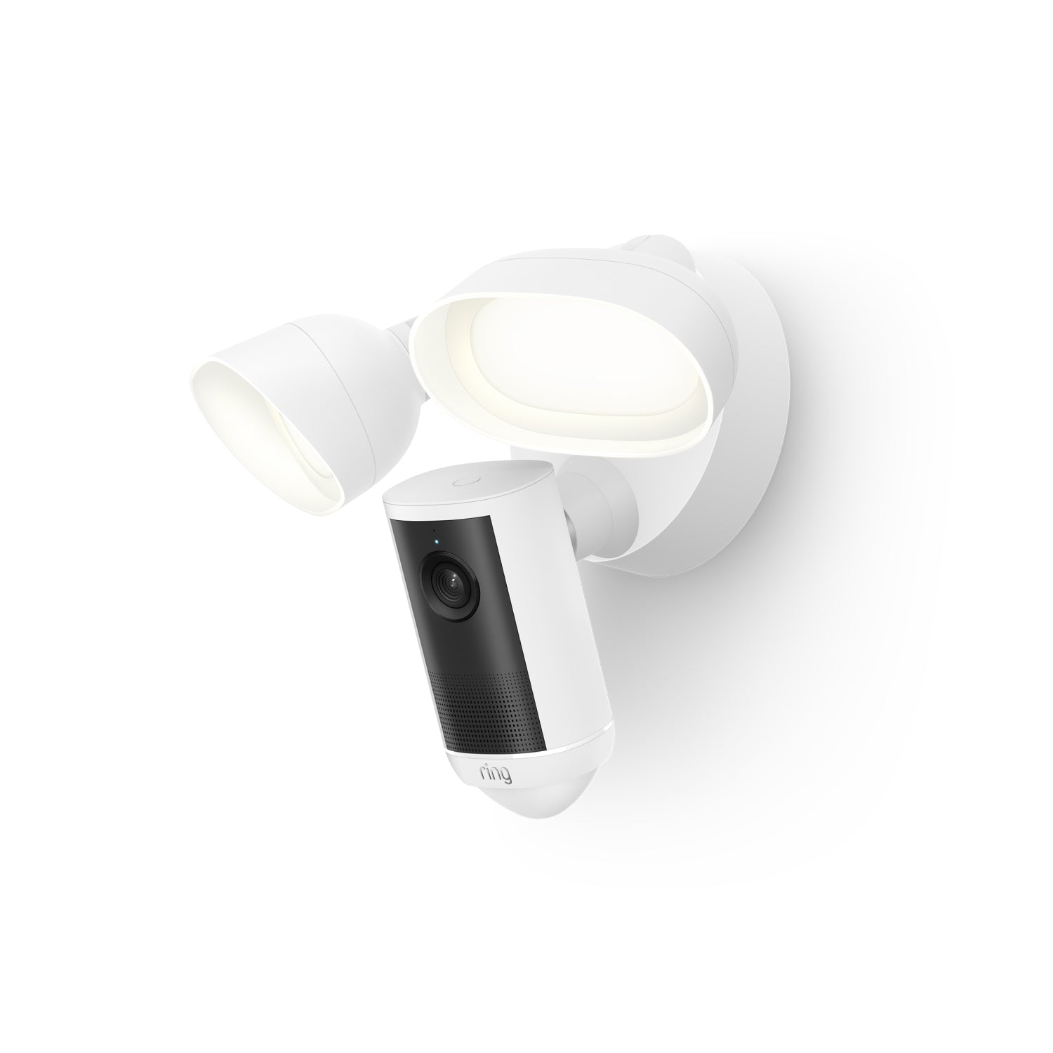 Blanco: Ring Floodlight Cam 4K Plus blanca con dos focos LED ajustables y módulo de cámara integrado.