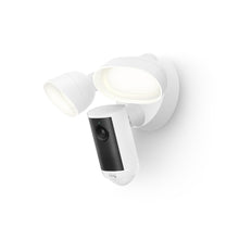 Blanco: Ring Floodlight Cam 4K Plus blanca con dos focos LED ajustables y módulo de cámara integrado.