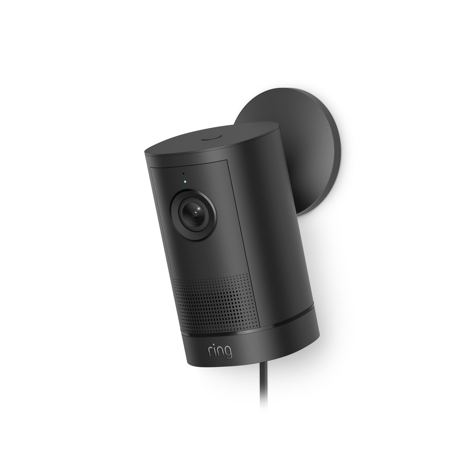Ring Outdoor Camera 4K Plus Plug-in negra en soporte circular sobre fondo blanco, inclinada hacia abajo