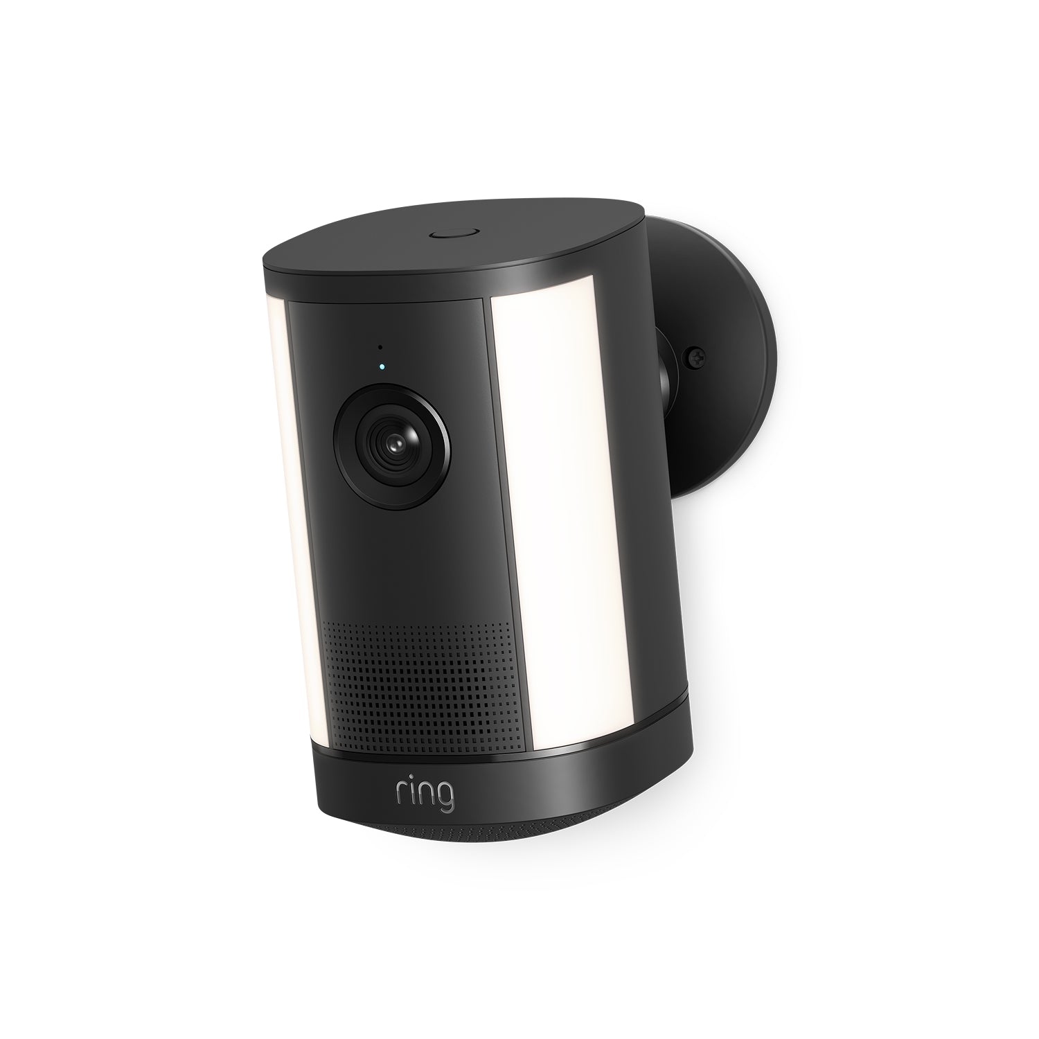 Ring Spotlight Camera Plus negra con soporte ajustable, sobre fondo limpio