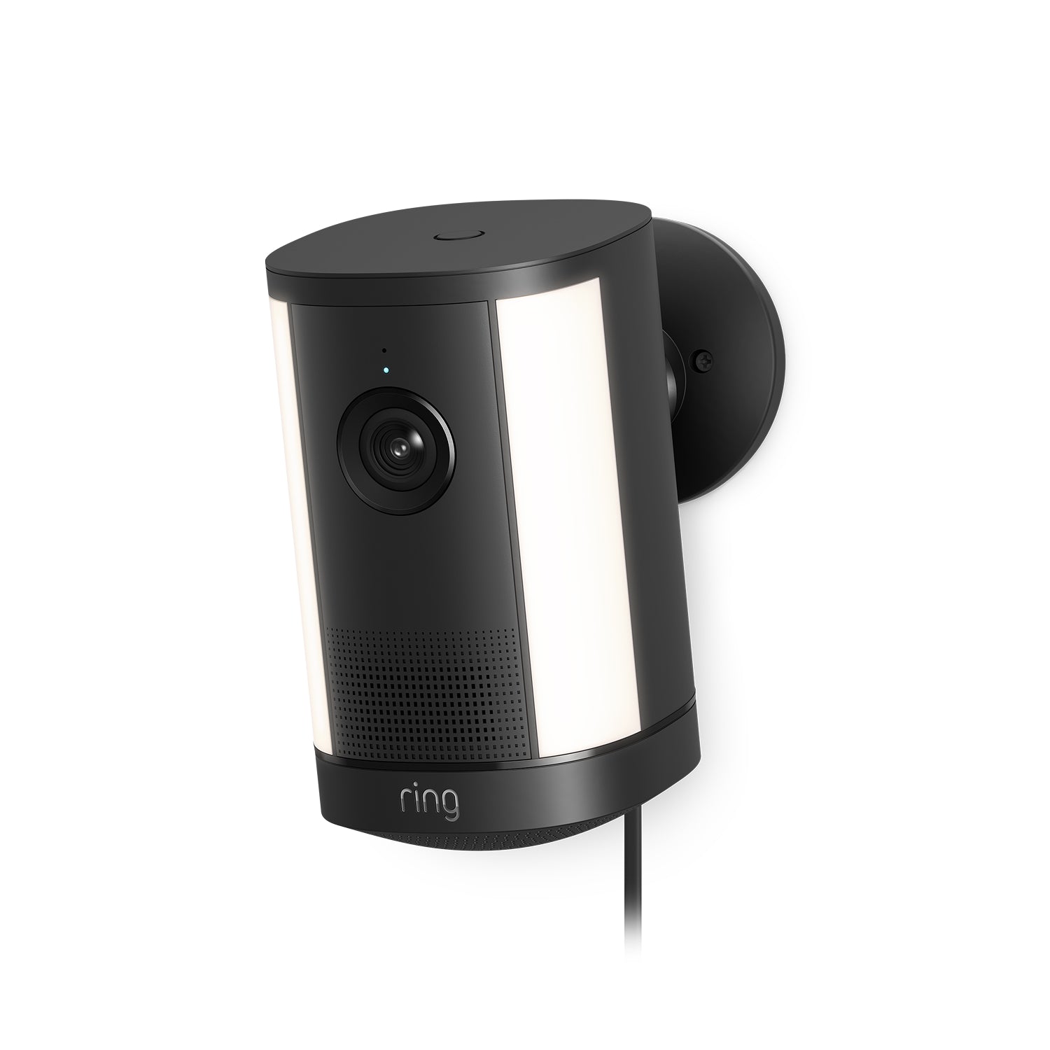 Ring Spotlight Camera Plus Plug-in negra con soporte ajustable, sobre fondo limpio