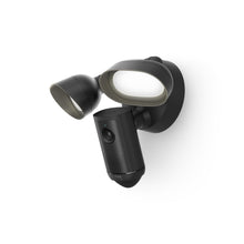 Negro:Ring Floodlight Cam 4K Plus negra con dos focos LED ajustables y módulo de cámara integrado.