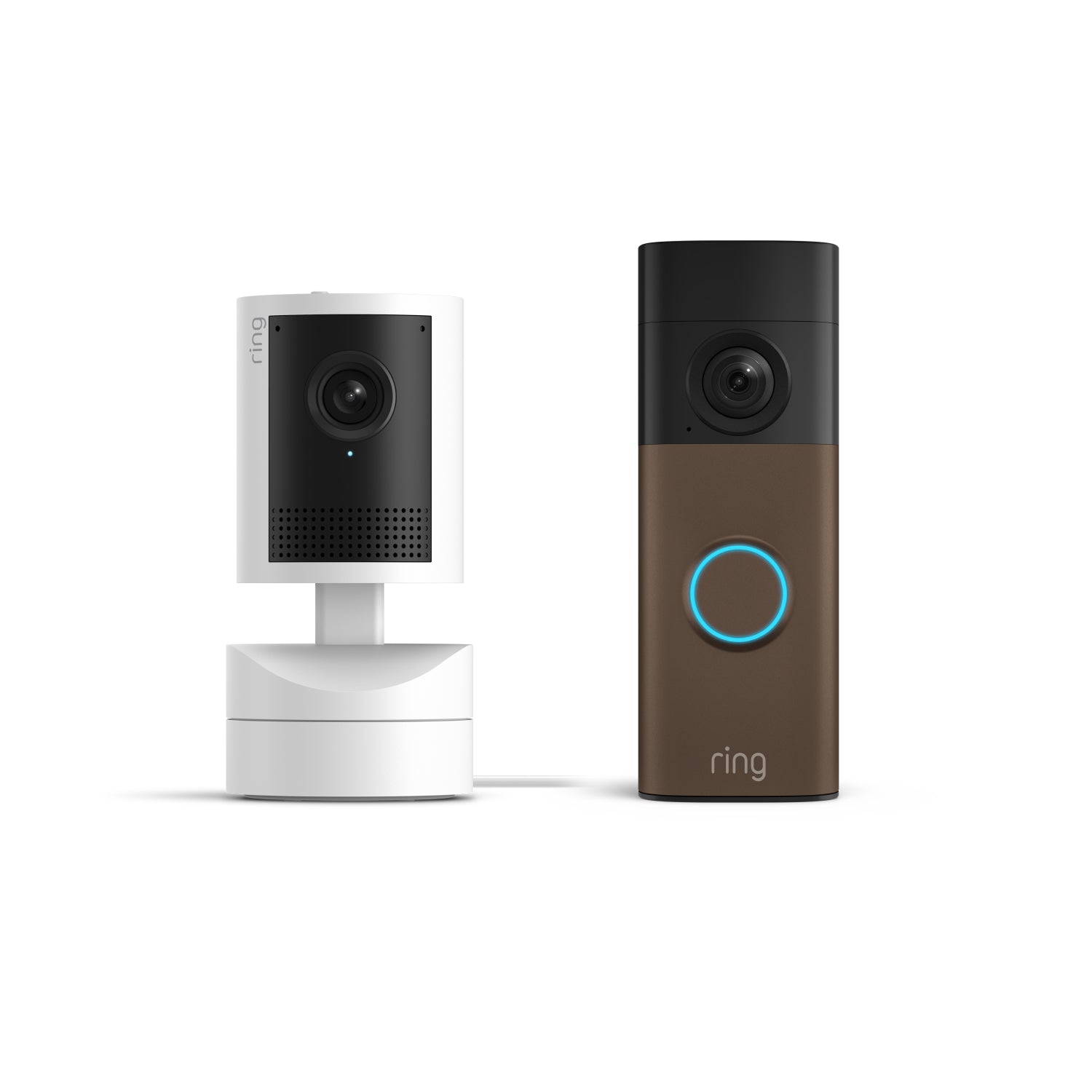 Moca mate:Battery Video Doorbell 2K junto a Pan-Tilt Indoor Cam 2K sobre fondo blanco