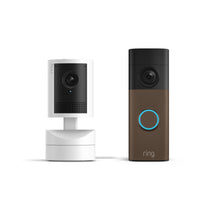 Moca mate:Battery Video Doorbell 2K junto a Pan-Tilt Indoor Cam 2K sobre fondo blanco