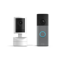 Gris moteado:Battery Video Doorbell 2K junto a Pan-Tilt Indoor Cam 2K sobre fondo blanco