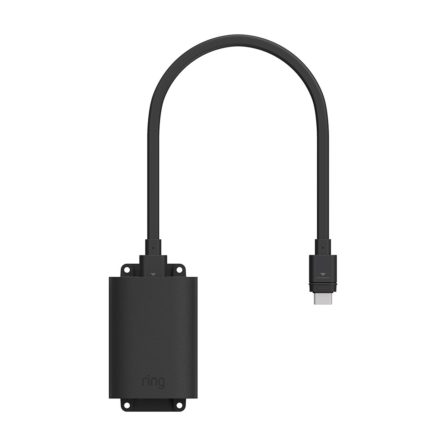 Adaptador Indoor PoE+ a USB-C negro con cable en U y conector USB-C sobre fondo blanco