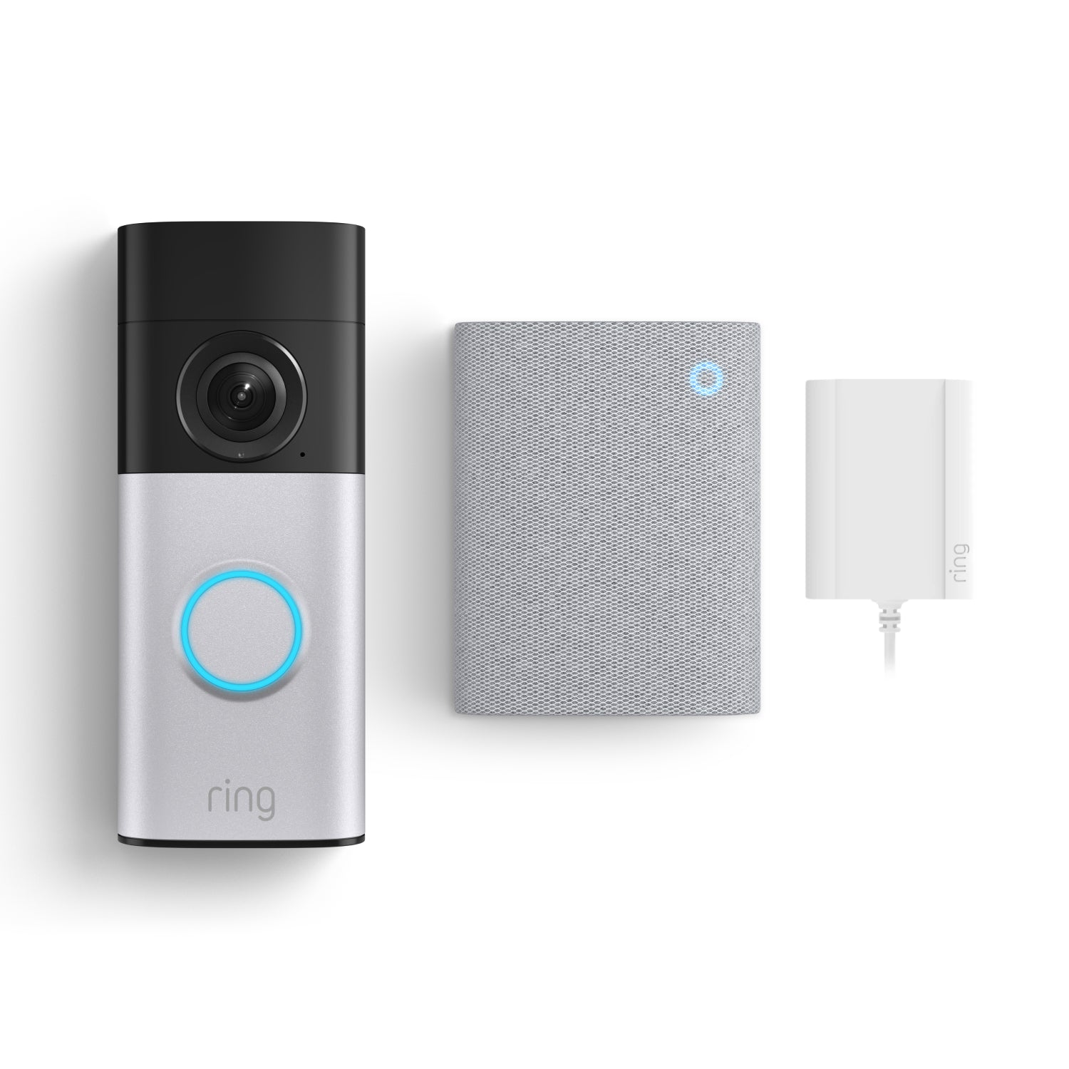 Wired Video Doorbell Plus y Chime (3.ª gen.) uno al lado del otro frente a un fondo blanco.