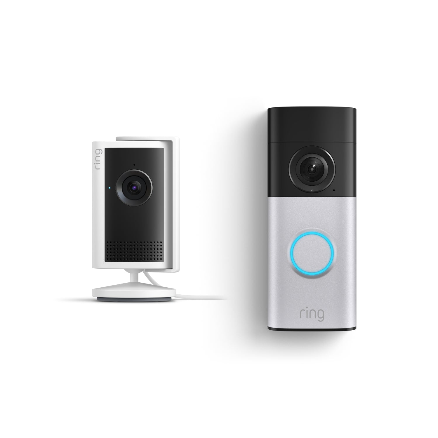 Wired Video Doorbell Plus y Chime (3.ª gen.) uno al lado del otro frente a un fondo blanco.
